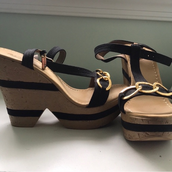 Cork Ankle T-strap Striped Wedges - Picture 1 of 5